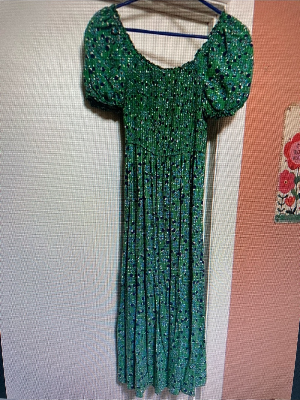 Green Floral Midi Dress with Puff Sleeves and Smocked Waist